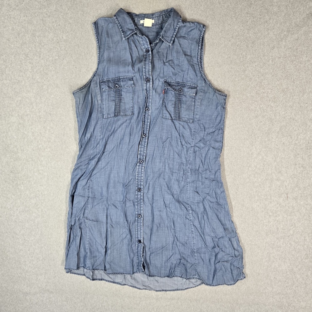 Levi's Women Dress L Blue Shirt Button Collared Front Denim Chambray Sleeveless